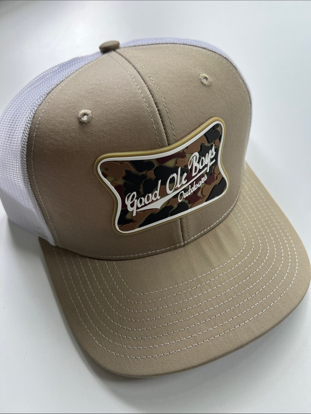 NEW Good Ole Boys Outdoors Patch Trucker Hat - Tan & White